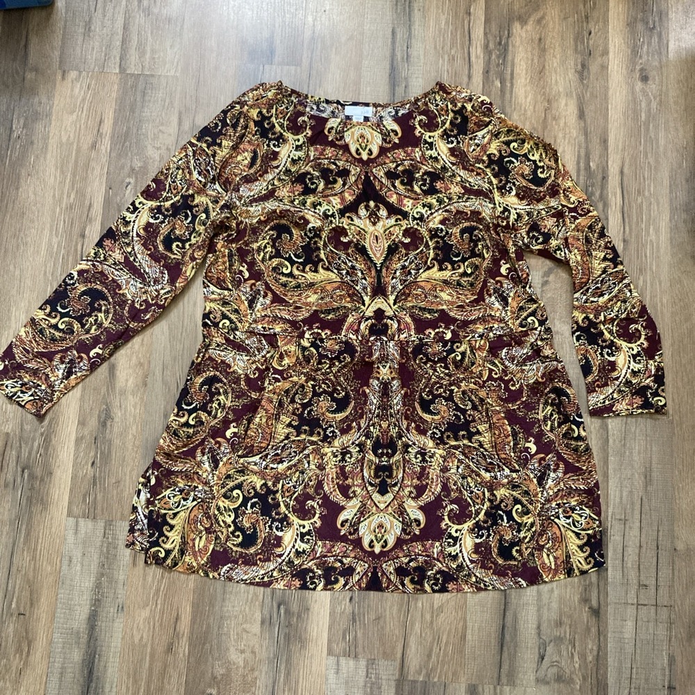 J Jill Tunic Top Womens‎ Petite Medium Maroon Gold Paisley Long Sleeve Elegant